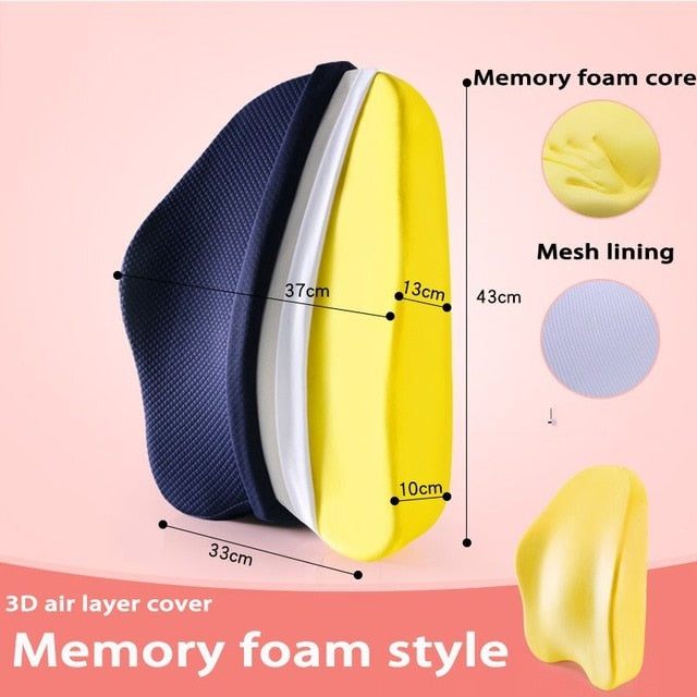 Orthopedic seat cushion with memory foam core, mesh lining, 3D air layer cover, ergonomic lumbar support design.