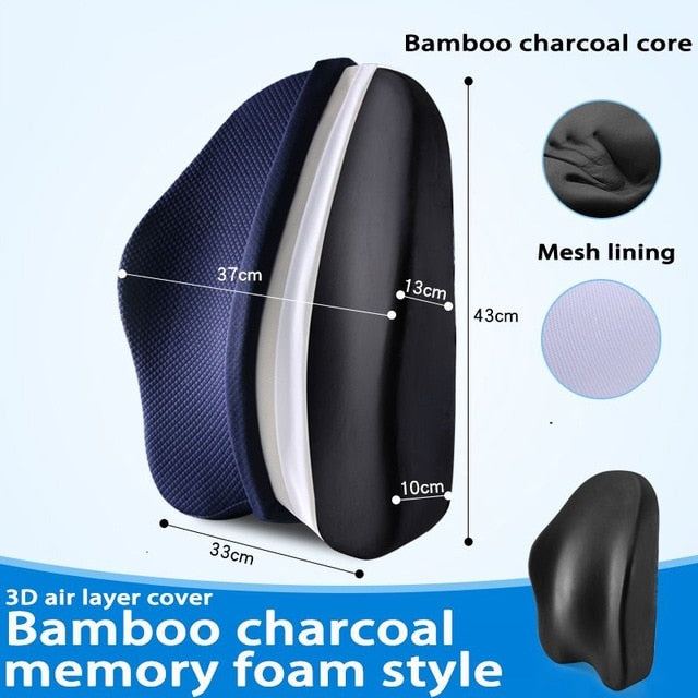 Orthopedic seat cushion with bamboo charcoal memory foam, 3D air layer cover, ergonomic lumbar support, mesh lining, and removable washable cover.