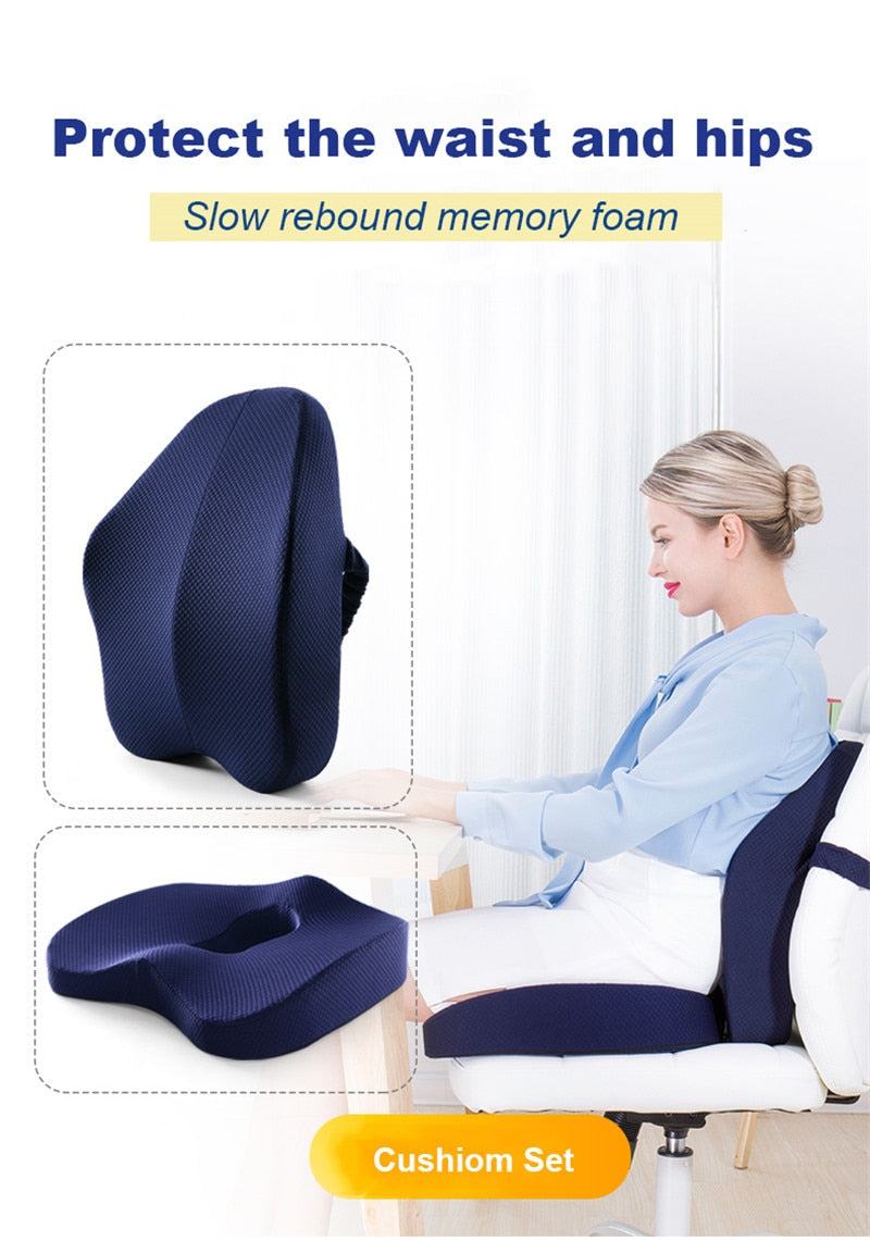 Orthopedic seat cushion set with slow rebound memory foam for waist and hip support, ergonomic design for lower back comfort
