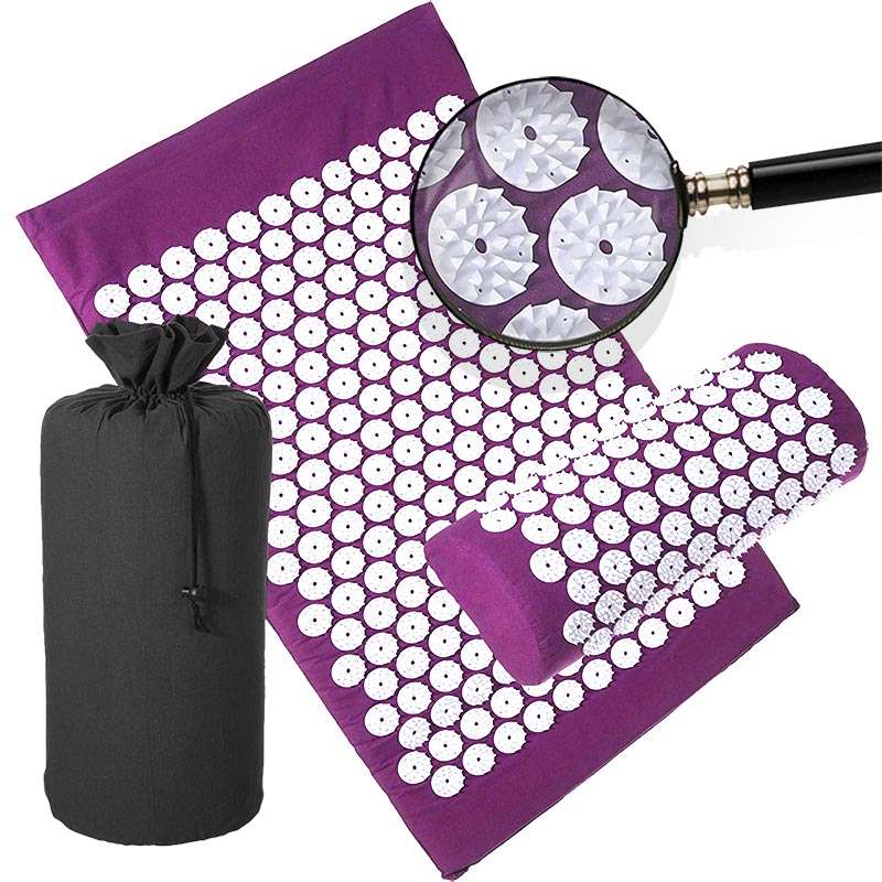 Purple acupressure cushion and massage mat set with white plastic spikes for natural pain relief