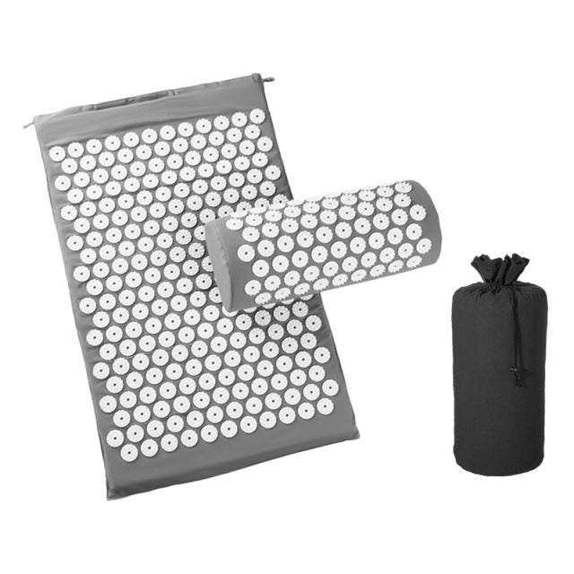 Acupressure cushion and mat set with plastic spikes for pain relief and relaxation, includes carry bag.