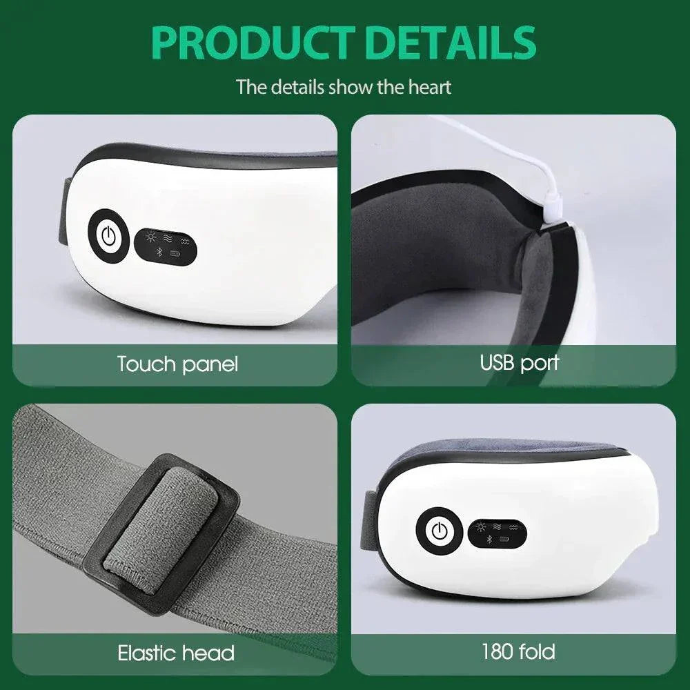 Smart Airbag Vibration Eye Massager with touch panel, USB port, elastic head strap, and foldable design for eye fatigue relief and relaxation