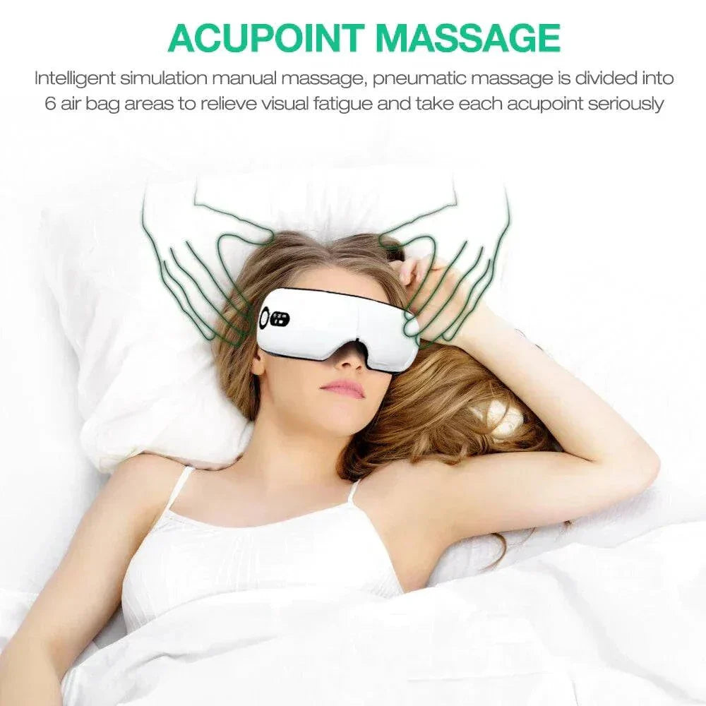 Smart Airbag Vibration Eye Massager worn by woman relaxing in bed with acupoint massage technology for eye fatigue relief