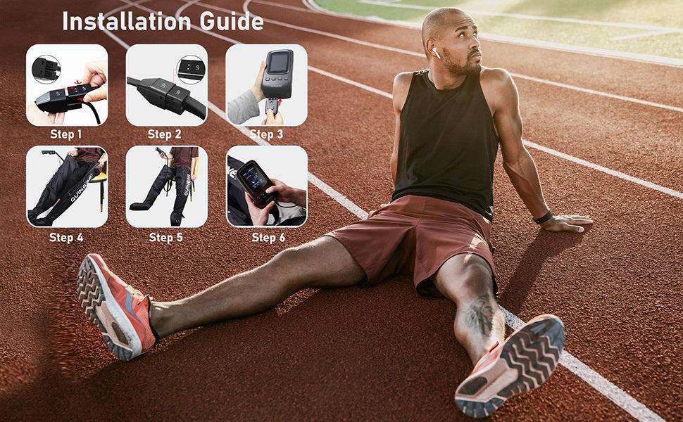 Athlete resting on track using Air Compression Massage System for leg muscle recovery and improved circulation
