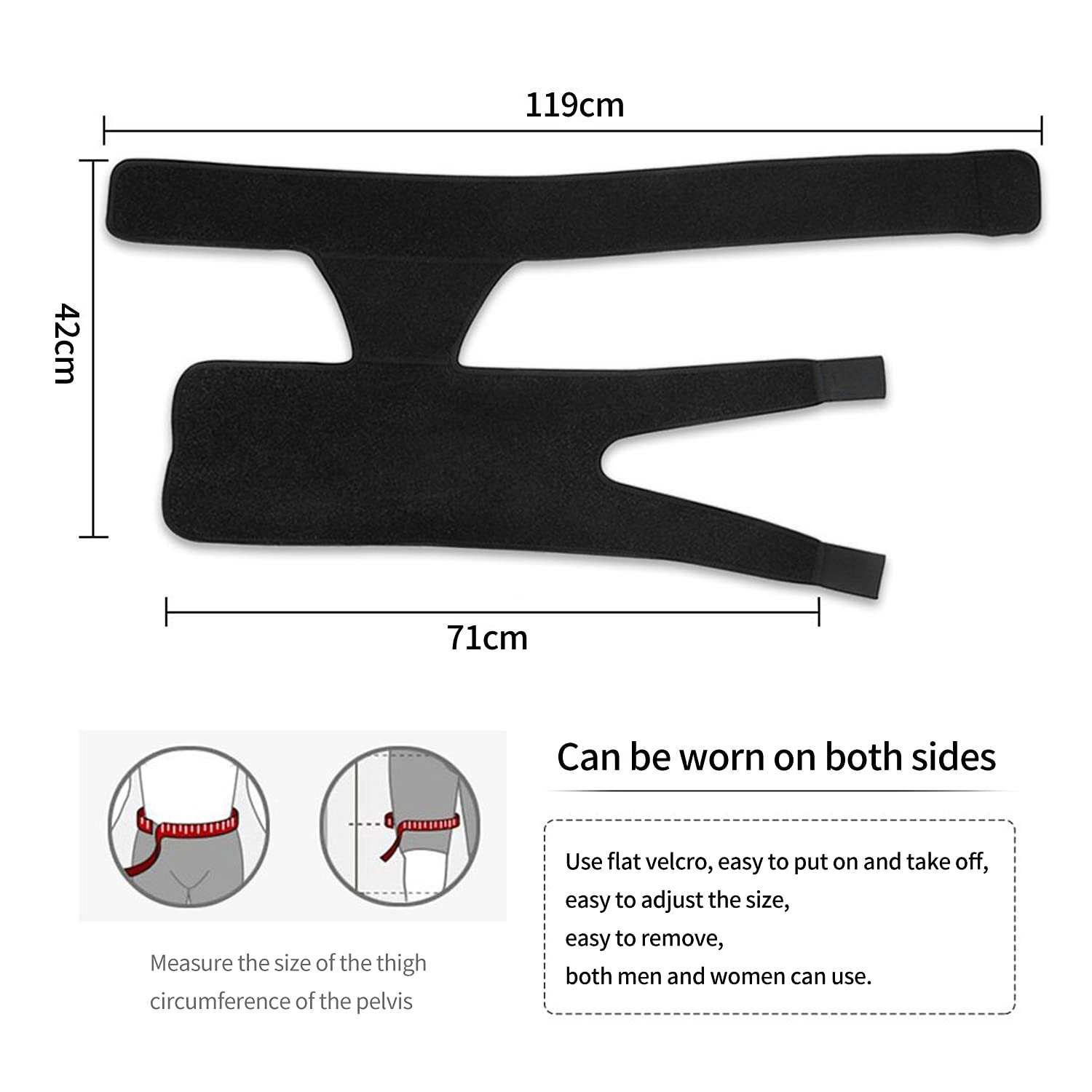 Hip Brace for Sciatica compression support wrap in black breathable neoprene with adjustable Velcro straps and size dimensions.