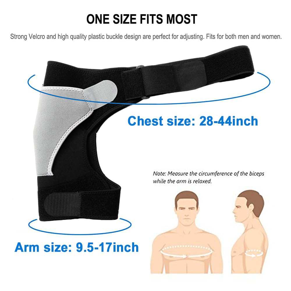 Black and gray shoulder brace with compression support, adjustable Velcro straps, and plastic buckle, fits chest 28-44 inches and arm 9.5-17 inches, suitable for men and women.