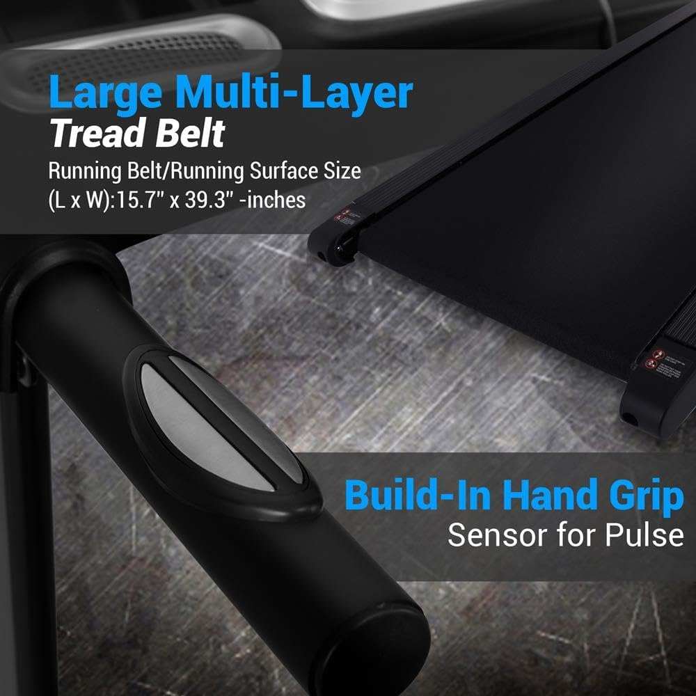 Folding Electric Treadmill with large multi-layer tread belt and built-in pulse sensor hand grip in black aluminum design