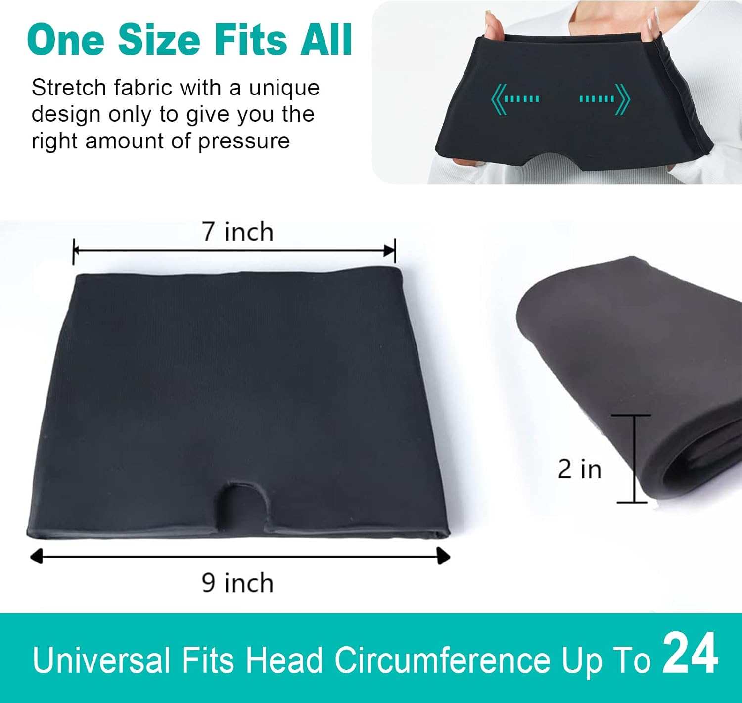 Black stretchy headache relief hat with cooling gel, one size fits up to 24 inch head circumference, 7x9 inches.