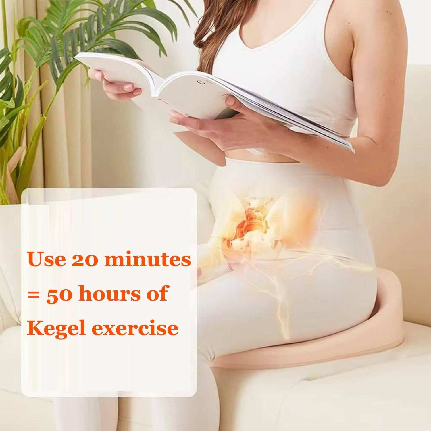 Woman using pelvic floor muscle trainer for postpartum Kegel exercise and recovery