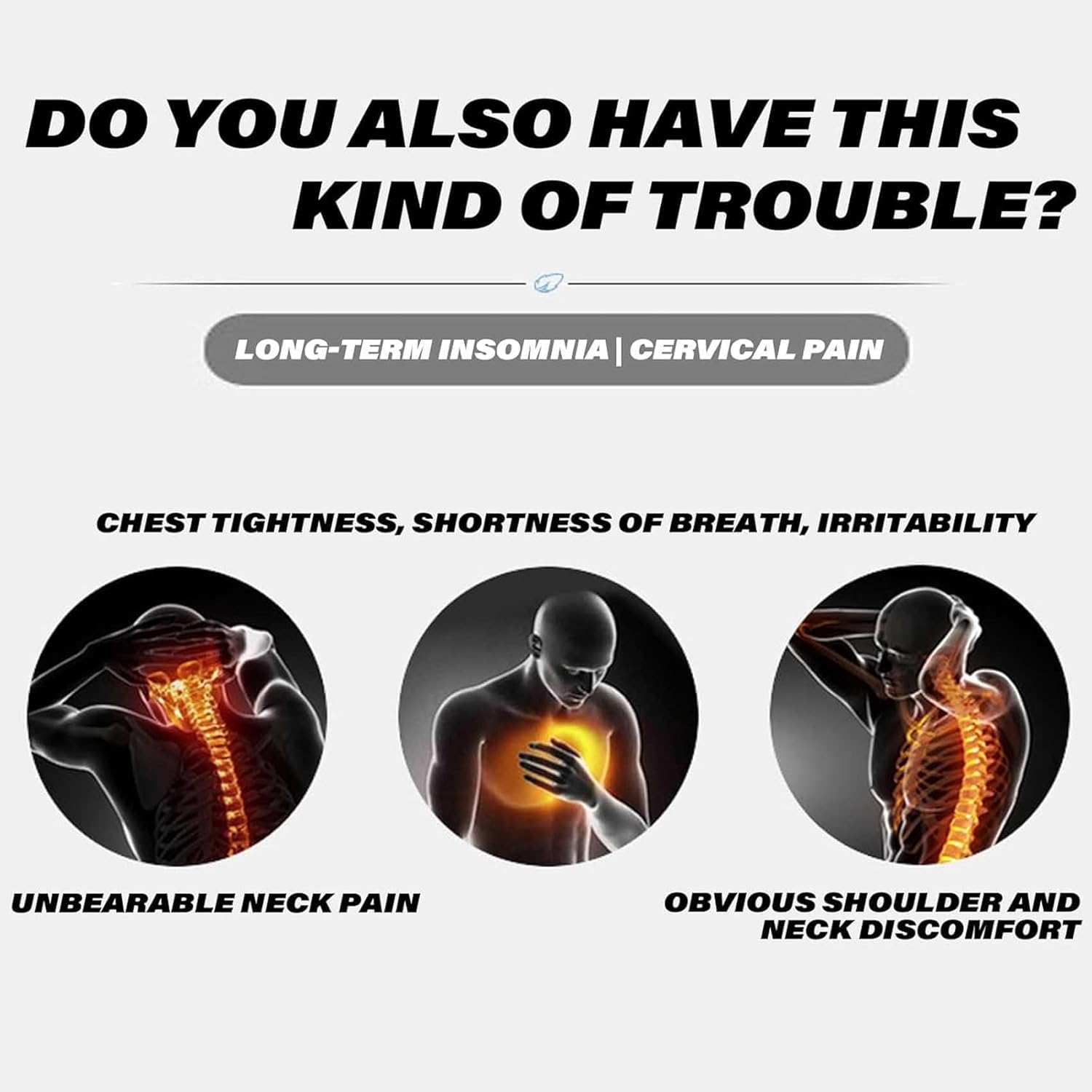 Graphic showing symptoms of long-term insomnia and cervical pain including chest tightness, shortness of breath, irritability, unbearable neck pain, and obvious shoulder and neck discomfort with highlighted human anatomy pain areas