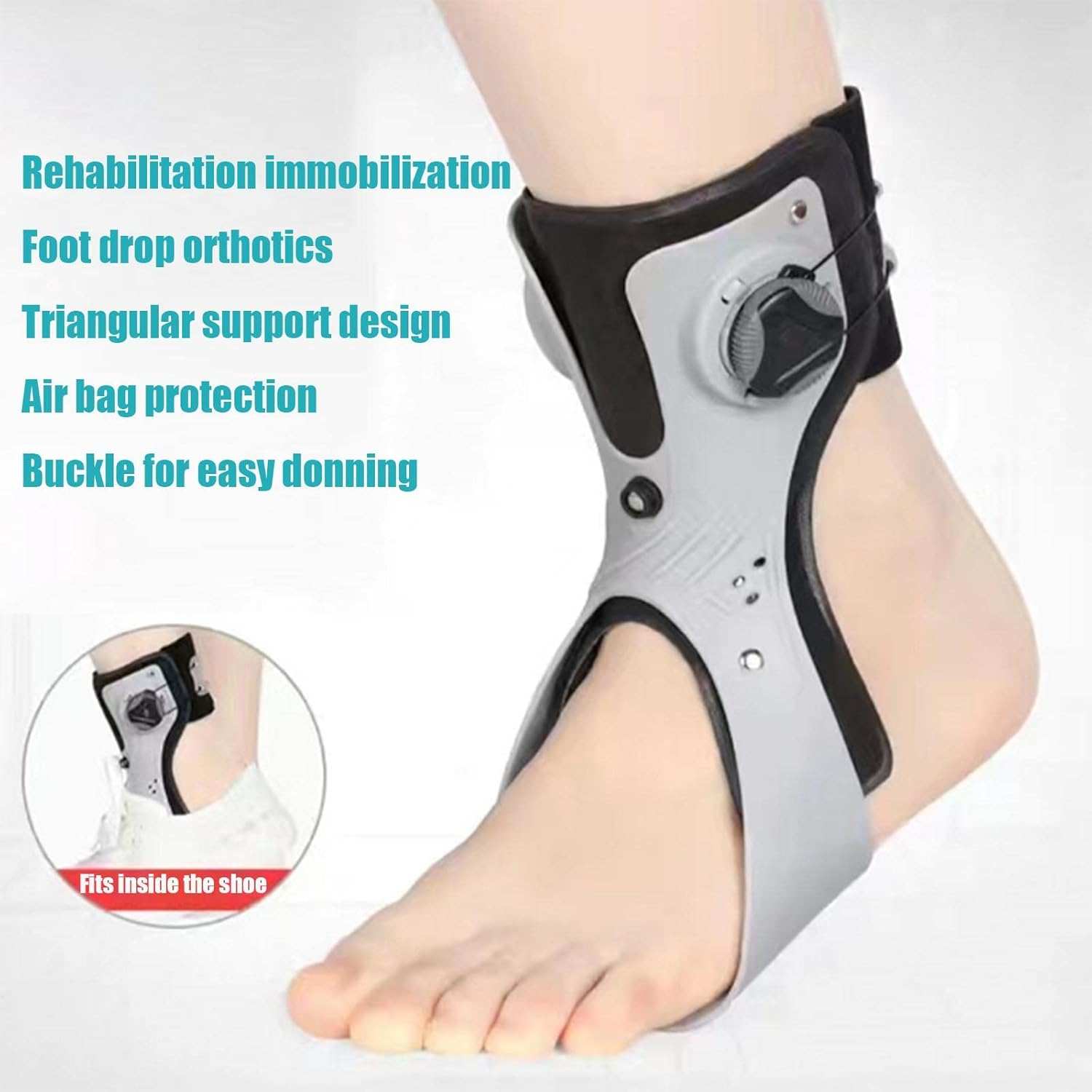 Drop Orthosis Ankle Foot Support in gray and black with adjustable buckle worn on foot for foot drop rehabilitation