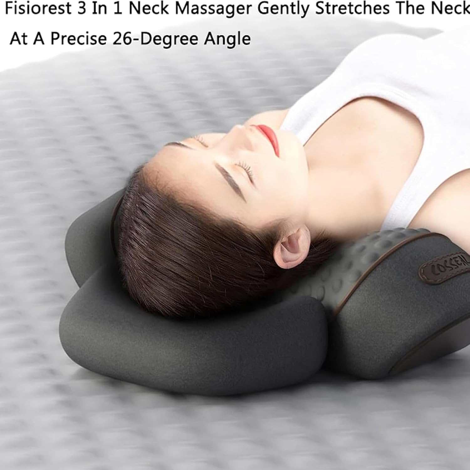 Woman using black electric vibration massager cervical pillow for neck pain relief and spinal alignment at 26-degree angle