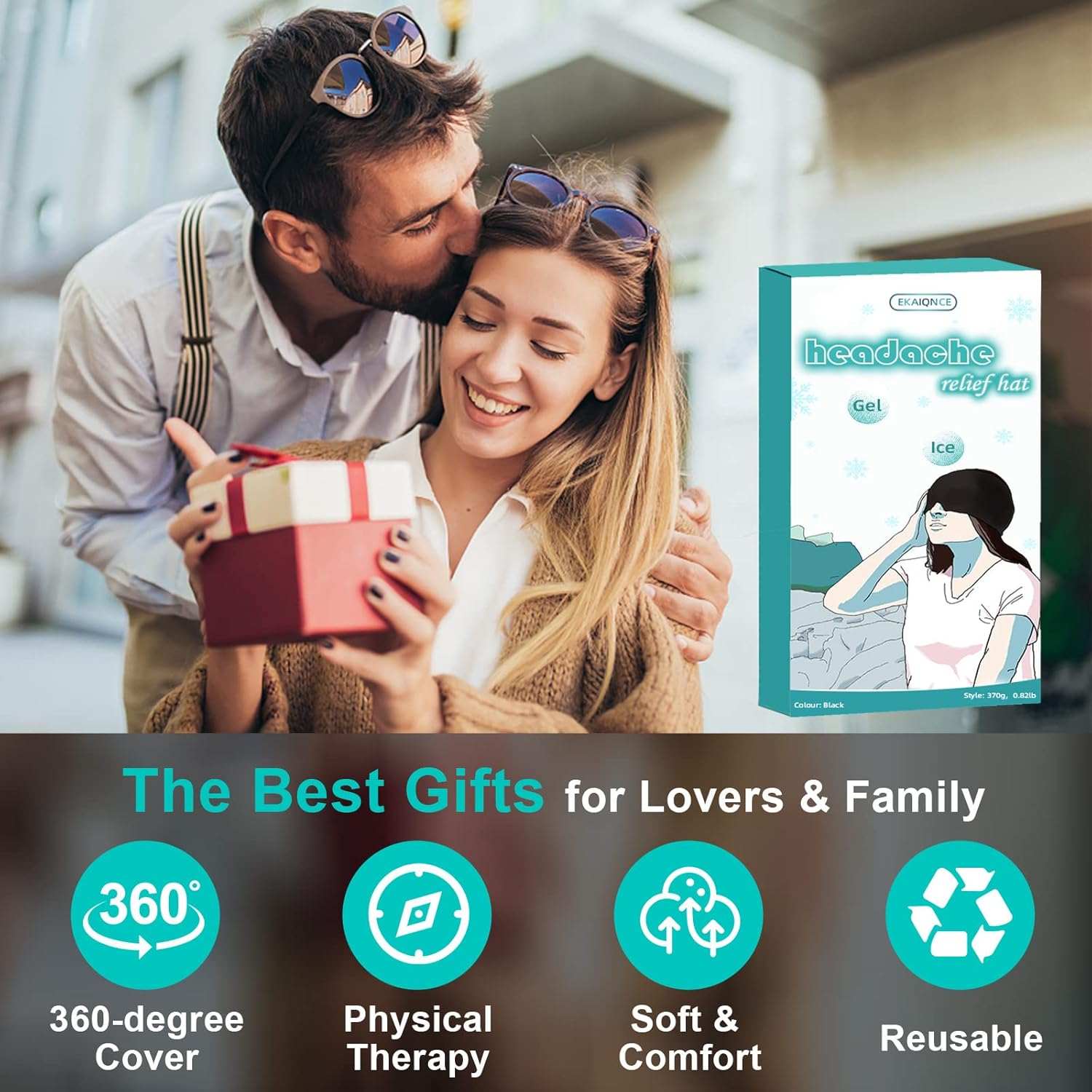 Headache Relief Hat with cooling gel, 360° compression, and soft fabric for migraine and tension headache relief, suitable for all ages.