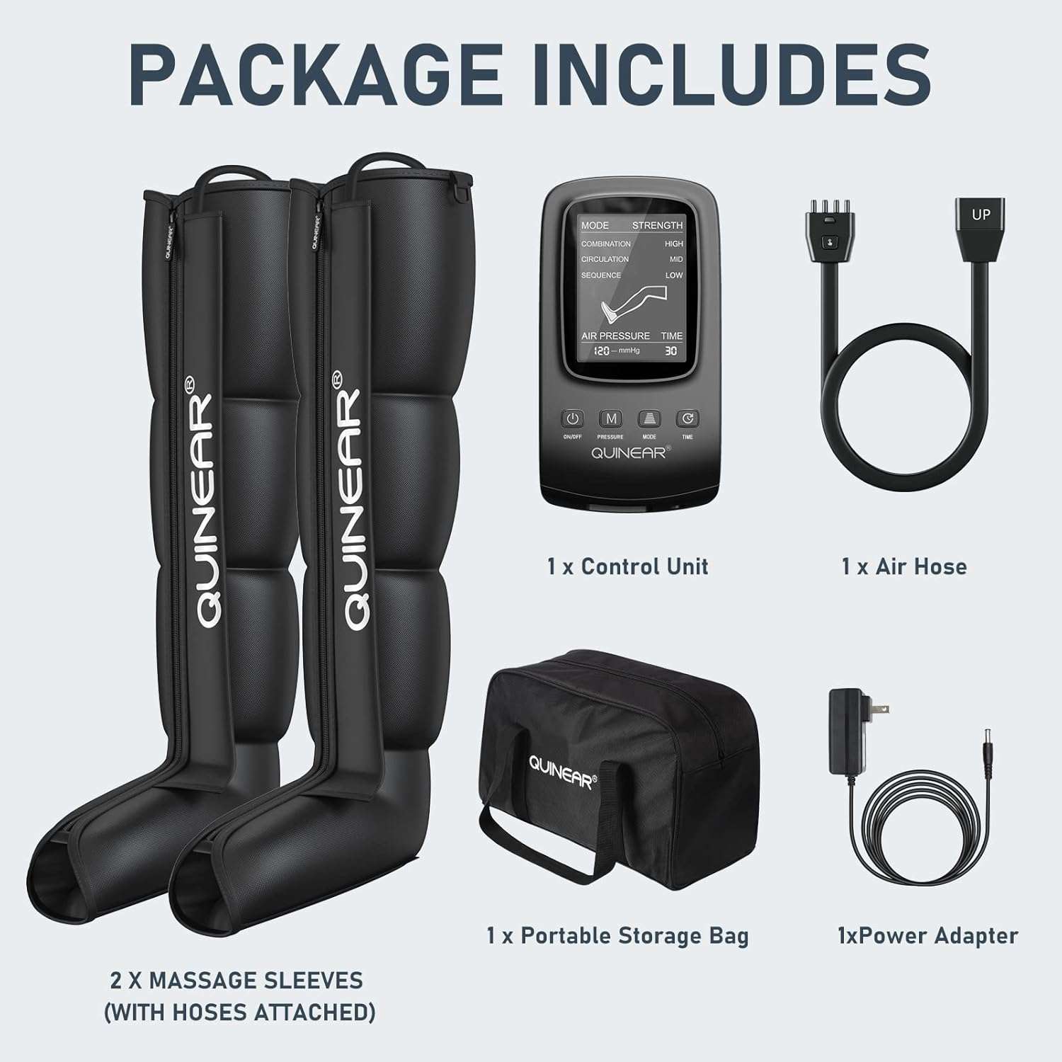 Air Compression Massage System with leg sleeves, control unit, air hose, power adapter, and portable storage bag for leg recovery and muscle relaxation
