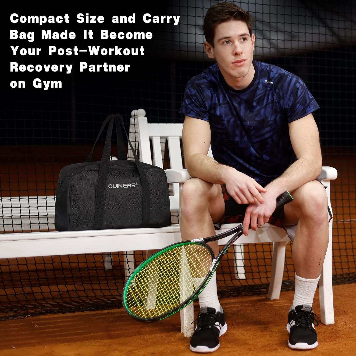 Athlete sitting on bench with tennis racket and Air Compression Massage System carry bag at gym for post-workout recovery