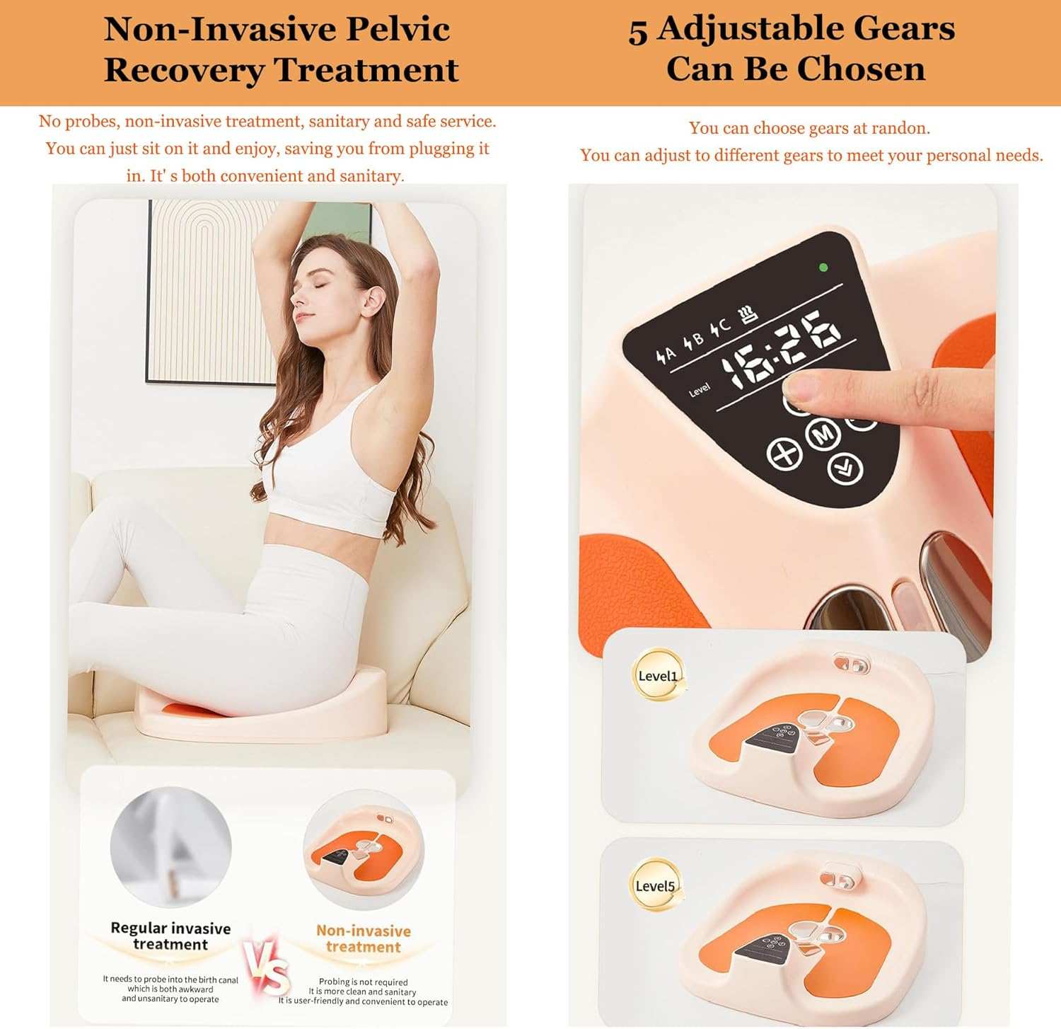 Women using non-invasive pelvic floor muscle trainer with digital control panel and adjustable intensity levels for postpartum recovery and pelvic strengthening.