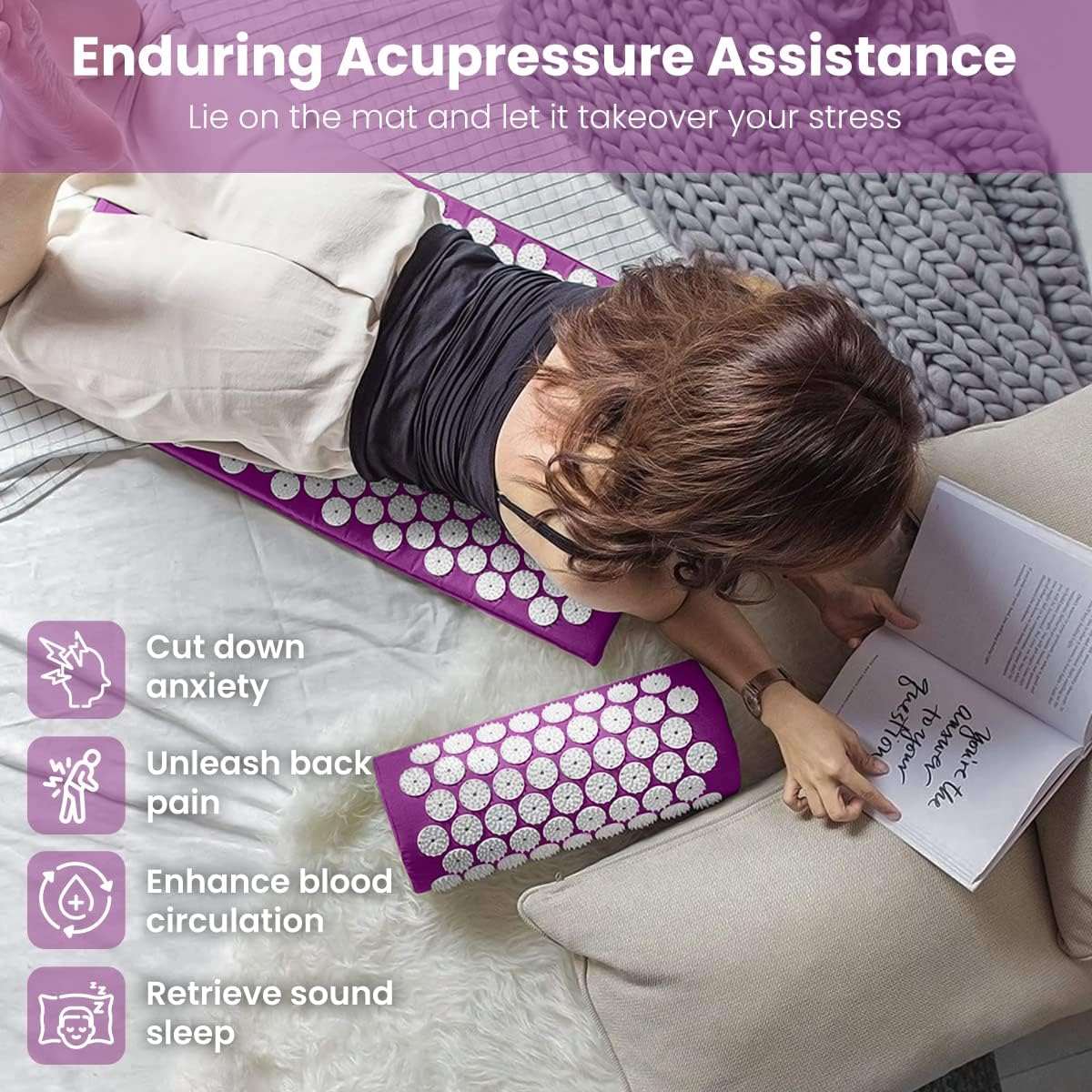 Woman using purple acupressure cushion and mat to relieve back pain and enhance blood circulation