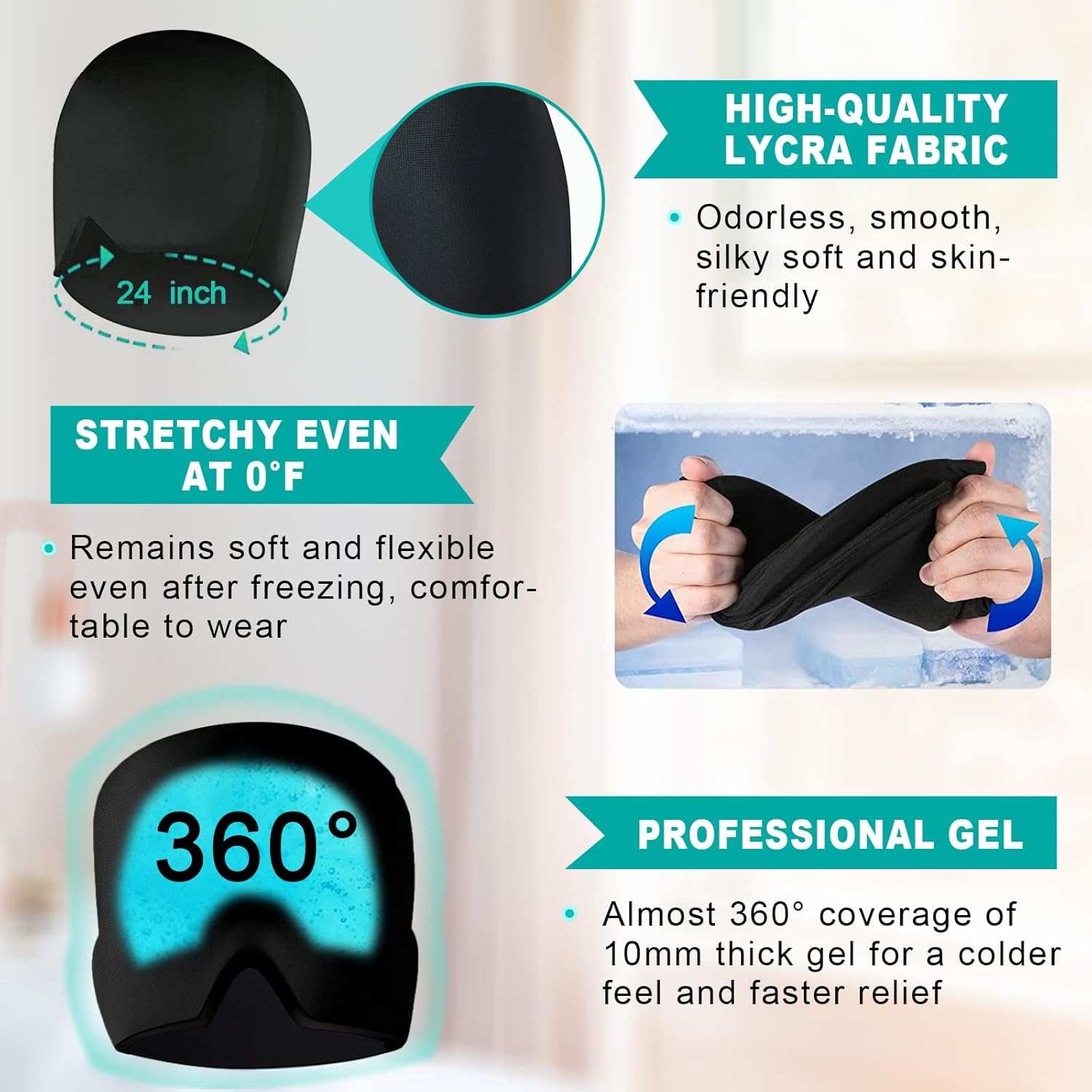 Headache Relief Hat with cooling gel, 360-degree compression, stretchy Lycra fabric, and flexible frozen comfort