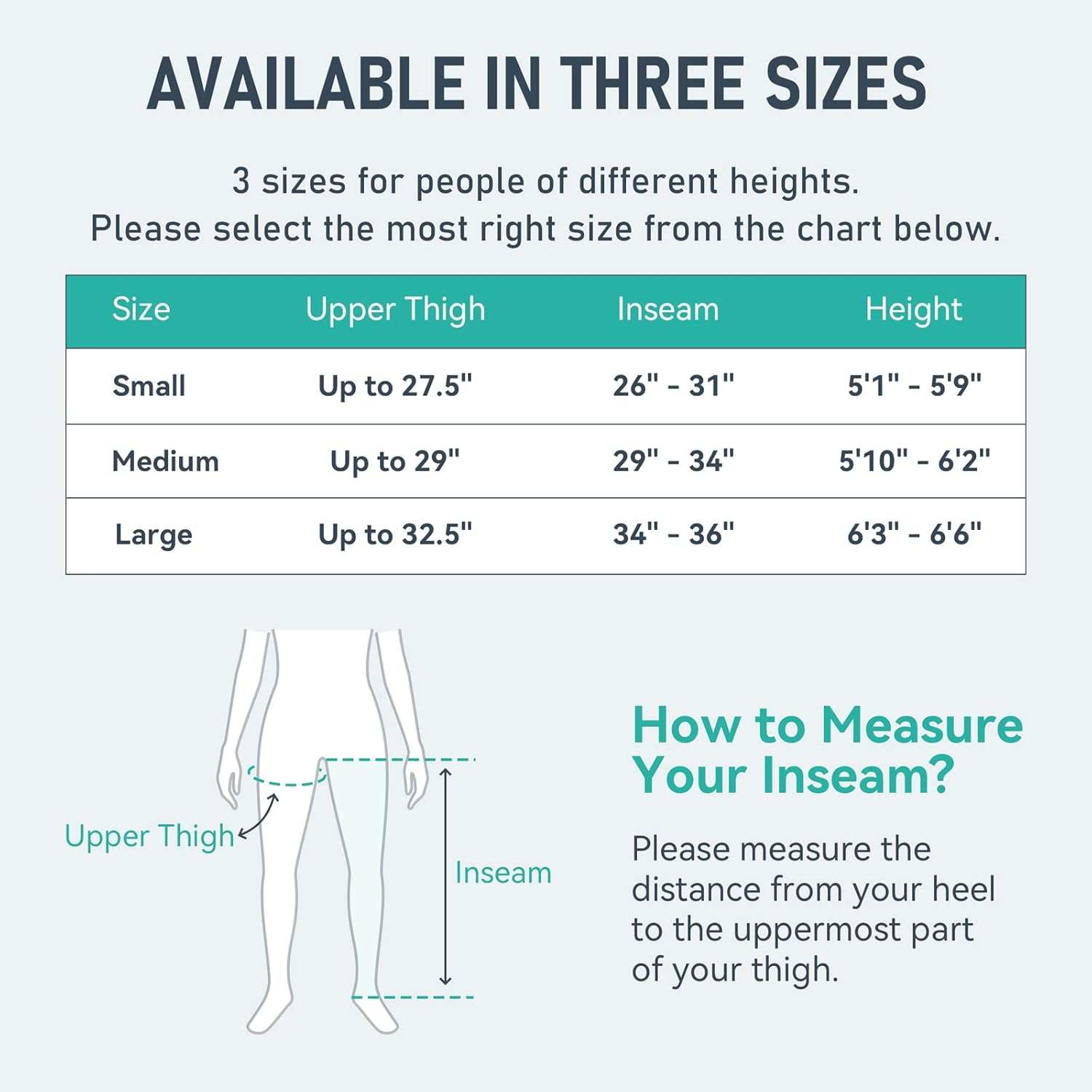 Size chart for Air Compression Massage System leg boots showing small, medium, and large options with measurement guide for upper thigh and inseam.