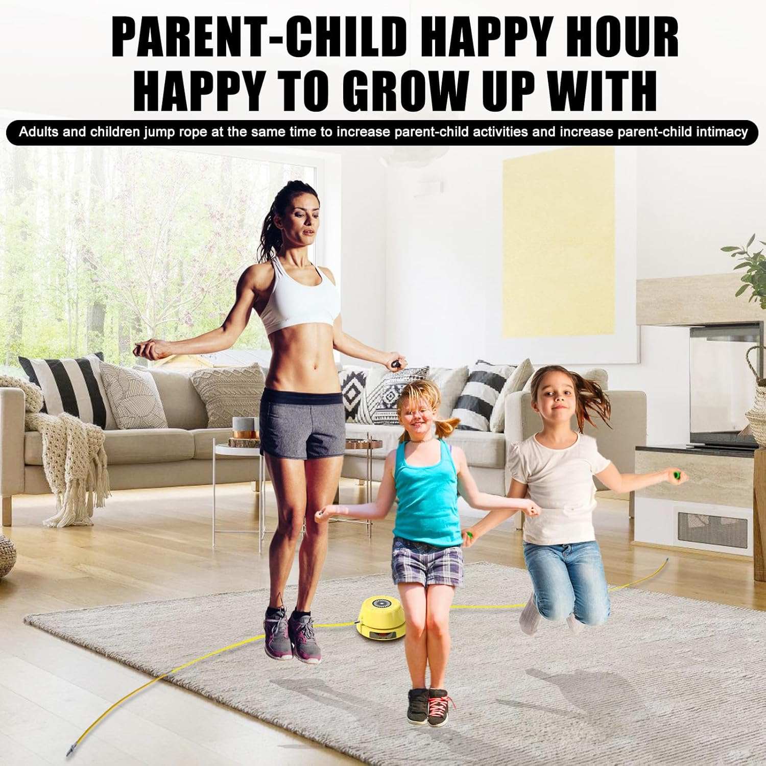 Mother and children using automatic electric skipping machine for indoor fitness and fun