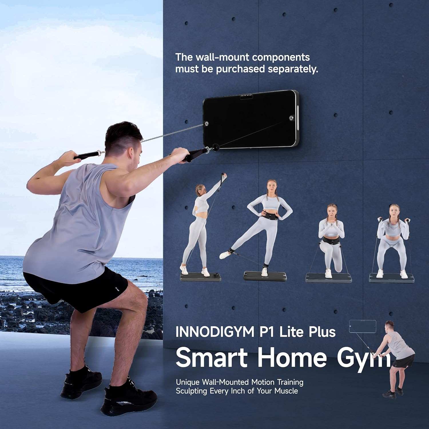 Man using Smart Home Gym P1 Lite Plus wall-mounted fitness system for resistance training outdoors near water