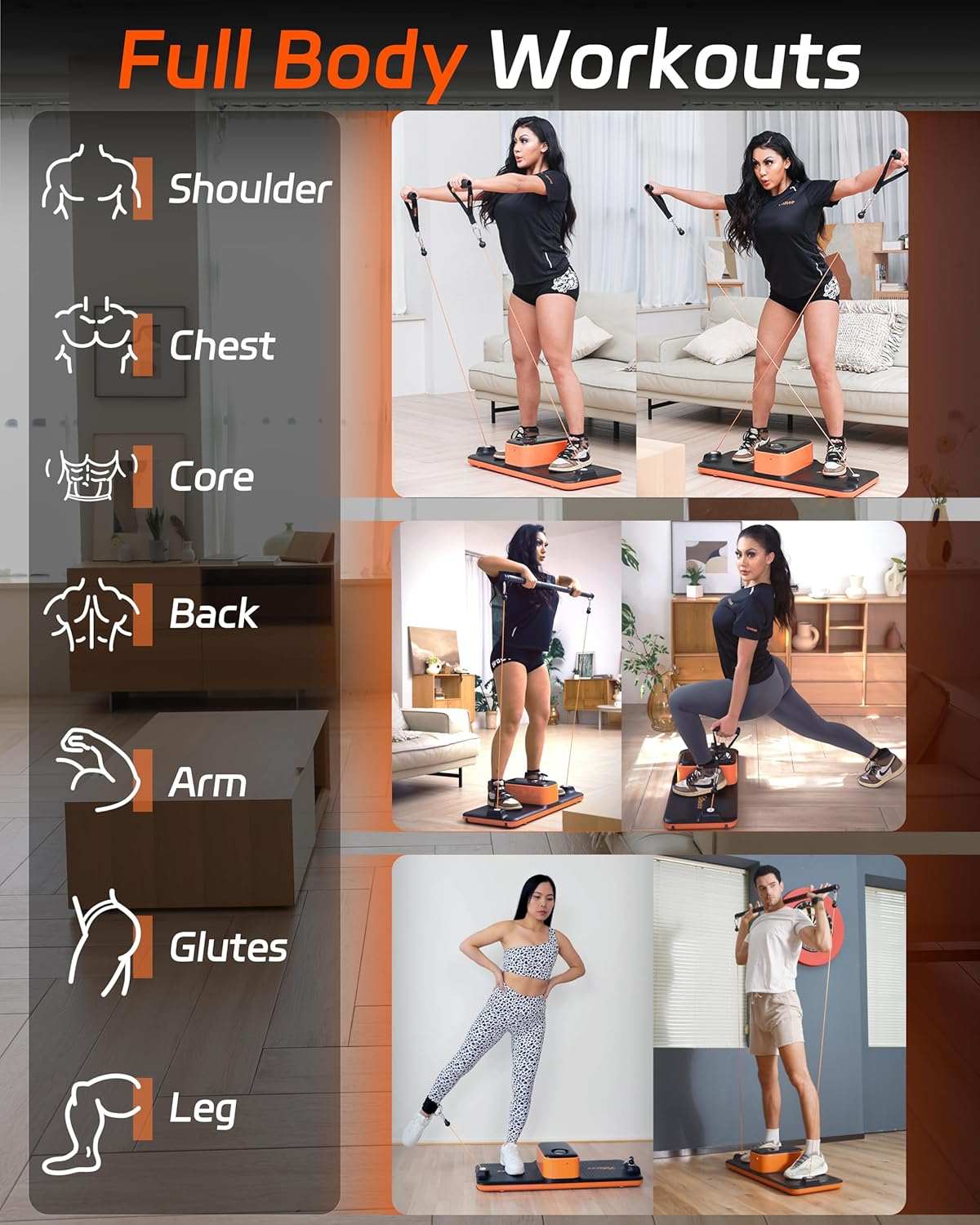 Smart Home Gym Workout Cable Machine U-Trainer demonstrating full body workouts targeting shoulders, chest, core, back, arms, glutes, and legs at home