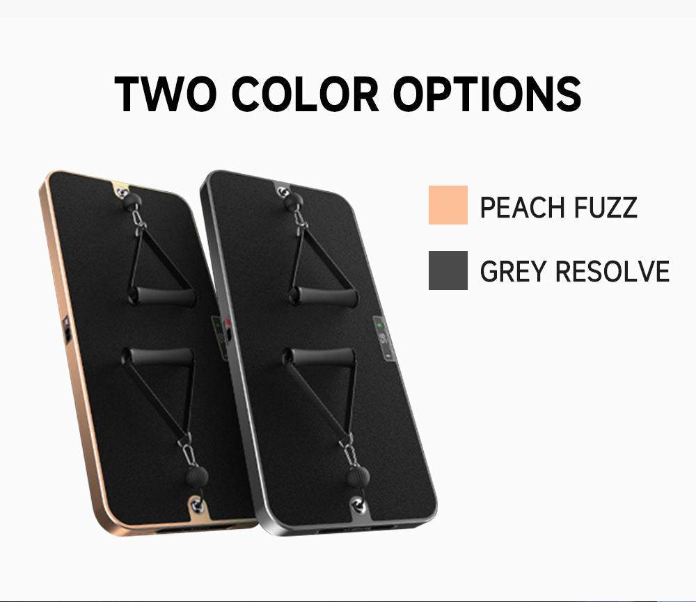 Smart All In One Home Fitness training gym in peach fuzz and grey resolve colors with compact design and resistance bands