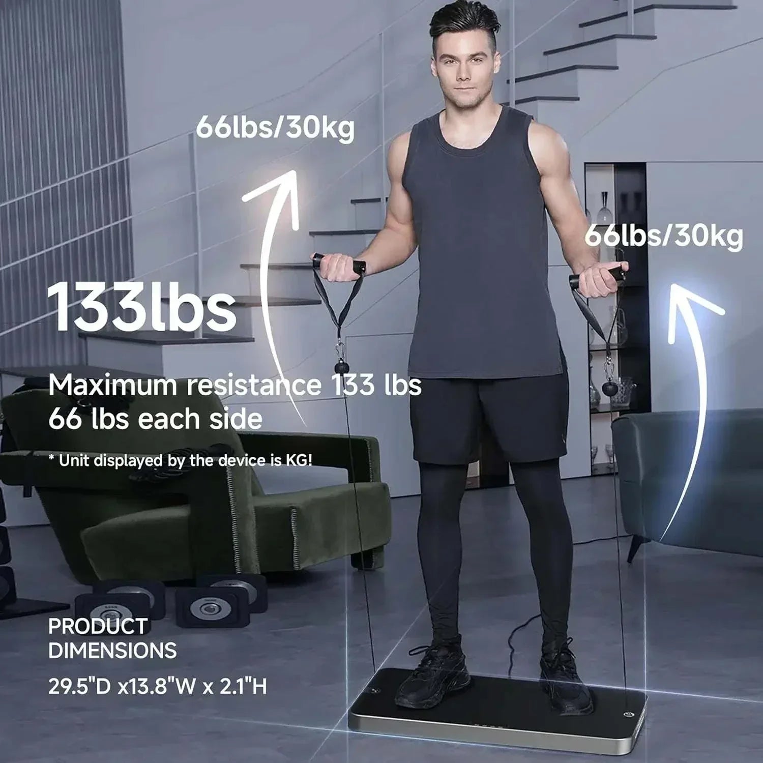 Man exercising with Smart Home Gym P1 Lite Plus showing maximum resistance and product dimensions in modern home gym