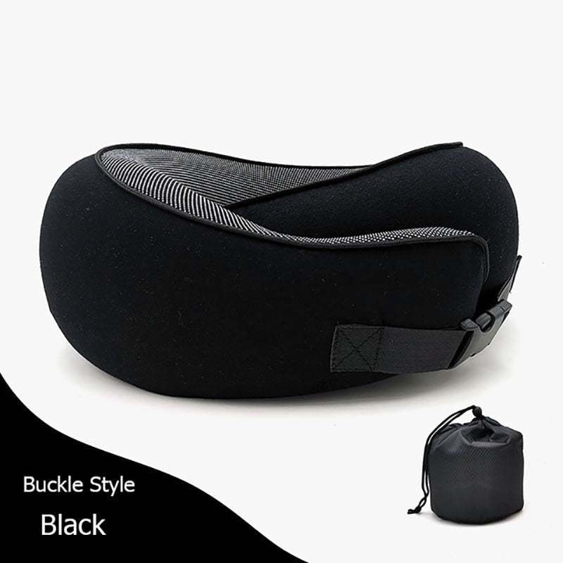 Black Memory Cotton U-Shaped Travel Pillow with buckle and storage pouch for neck support during travel