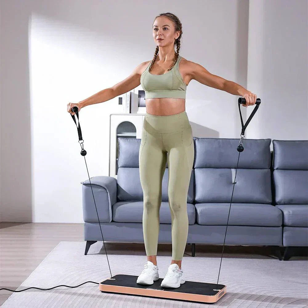 Woman exercising on Smart All In One Home Fitness training gym with resistance bands in living room