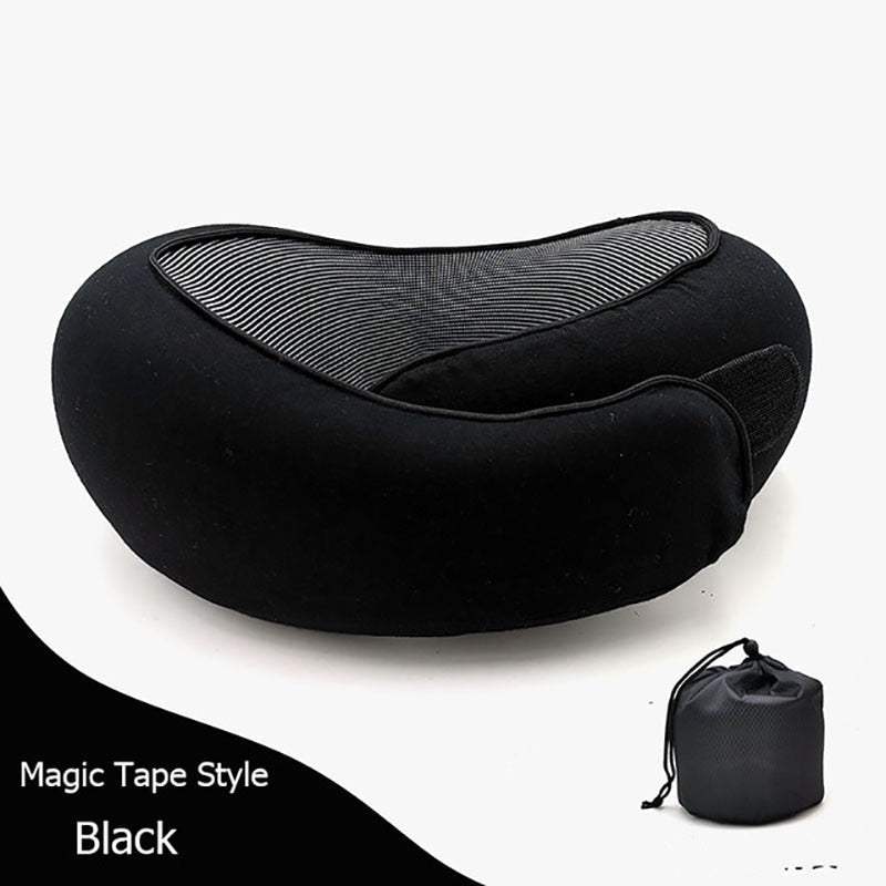 Memory Cotton U-Shaped Travel Pillow in black with ergonomic design and storage pouch