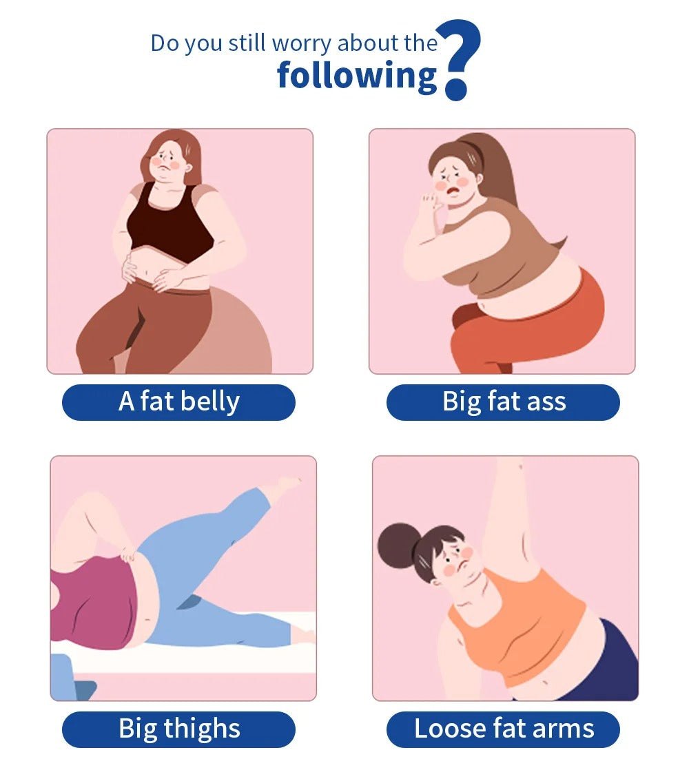 Illustration showing concerns of fat belly, big fat buttocks, big thighs, and loose fat arms related to weight loss and muscle stimulating treatment.