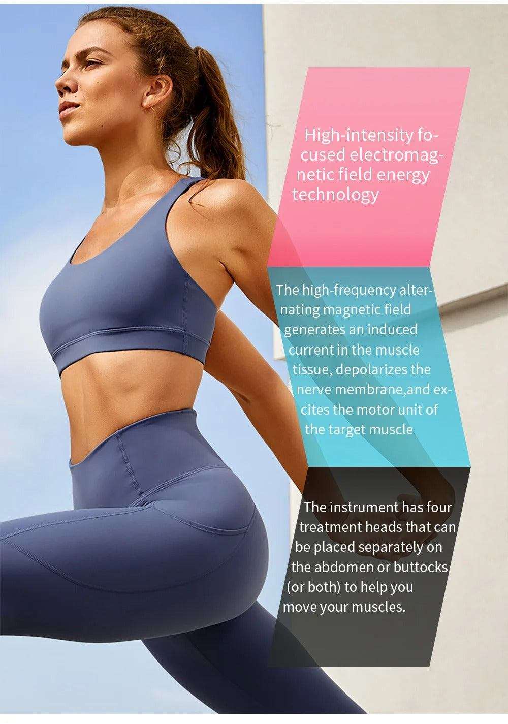 Woman in athletic wear stretching with overlay text describing high-intensity focused electromagnetic field technology for muscle stimulation and fat removal