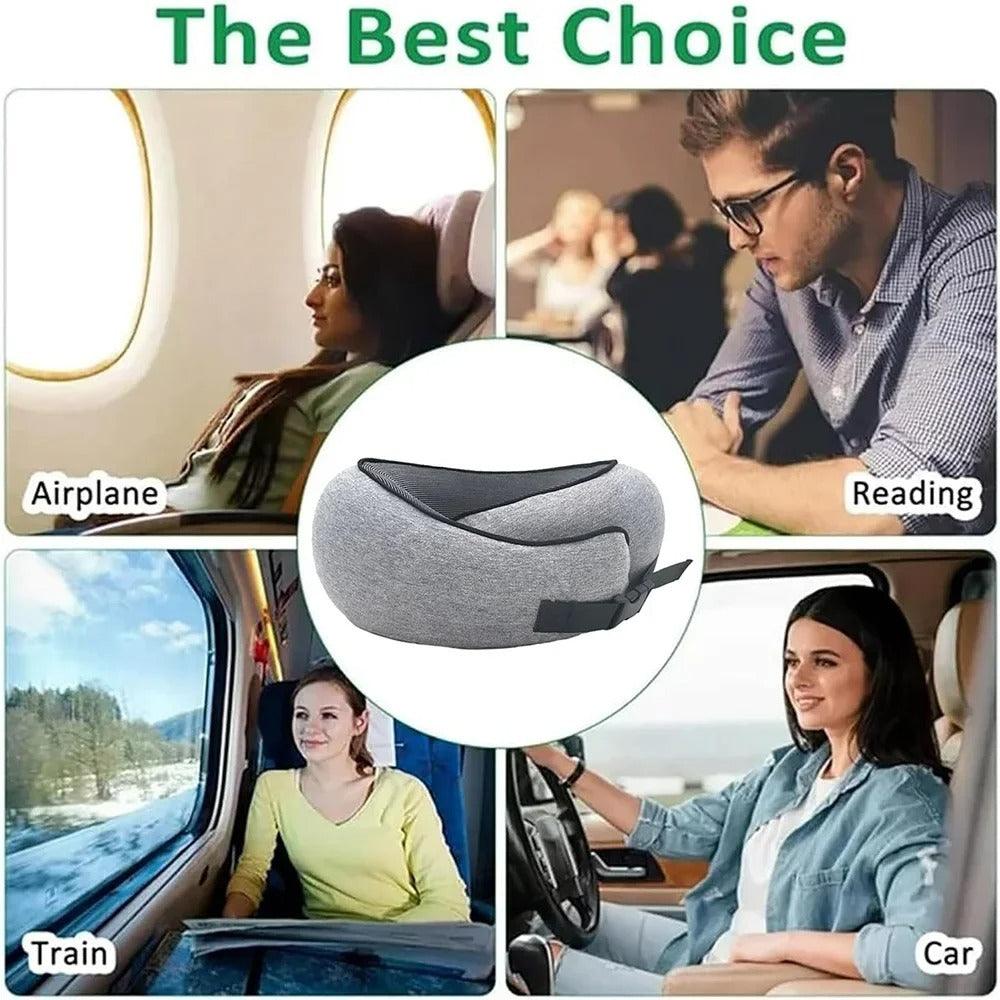 Memory Cotton U-Shaped Travel Pillow in gray, shown for airplane, reading, train, and car use with ergonomic neck support and storage feature