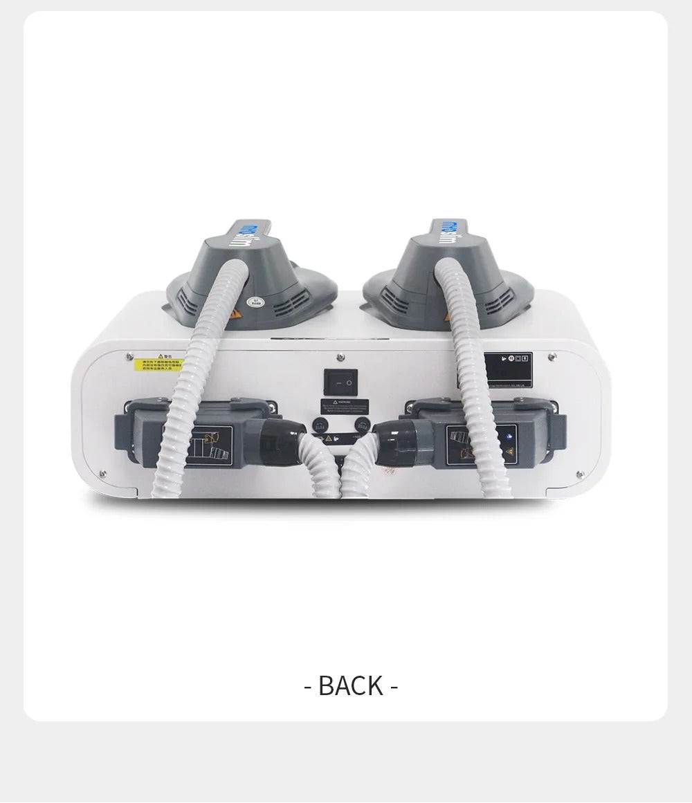 Back view of weight loss muscle stimulating body sculpt machine with dual handles and electrical connections